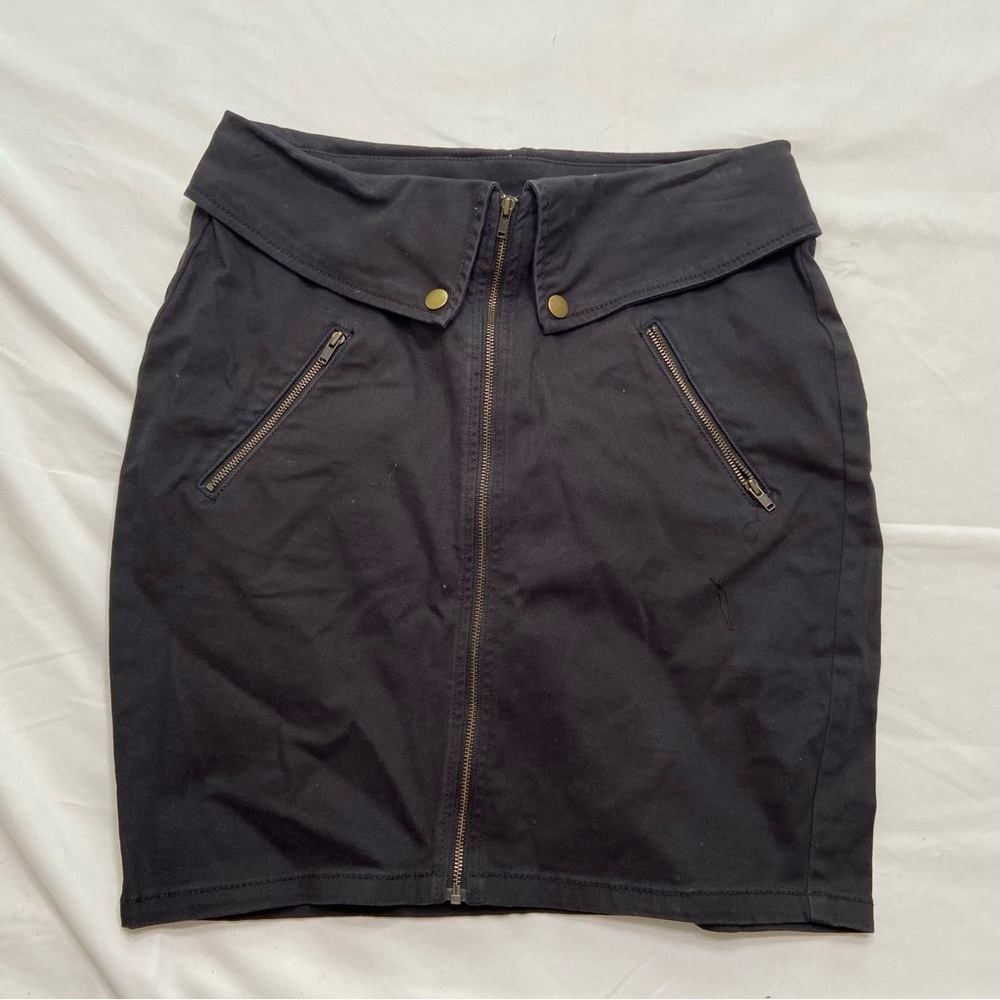 Vintage Bongo Black Zip Front Mini Skirt Size 7 Moto Utility Y2K Stretch - Picture 2 of 6